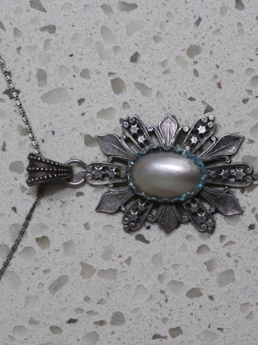 Silver-Tone Floral Pendant Necklace with White Cabochon